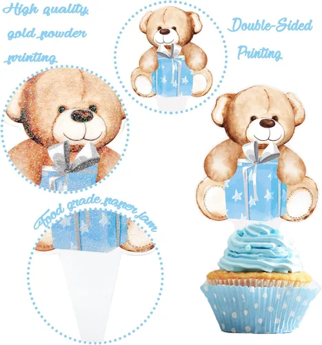 Vista 4 de 48 piezas de decoración para cupcakes con texto en inglés «We Can Bearly Wait» (We Can Wait Cupcake Toppers - Oso de peluche con brillantina)