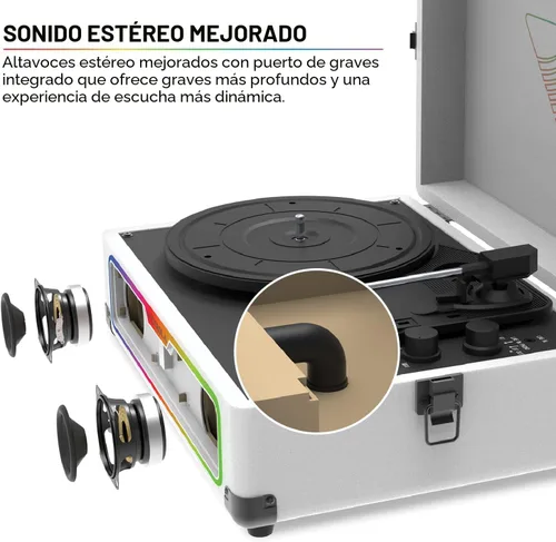 Vista 5 de Victrola Journey Glow - Tocadiscos de maleta iluminada - 18 efectos de luz RGB, altavoces estéreo con graves mejorados, transmisión Bluetooth (negro)