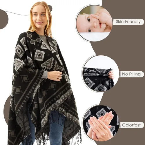Vista 4 de Hoosige Poncho con borlas y frente abierto para mujer, 51.2 x 61 pulgadas, chal cálido para invierno, cárdigan estampado para mujer, otoño