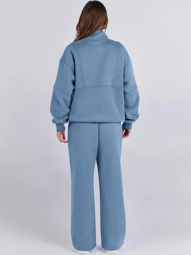 Vista 4 de ANRABESS Conjunto de 2 piezas para mujer, sudadera de gran tamaño con media cremallera a juego, pantalón de pierna ancha, conjunto de ropa