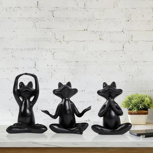 Vista 6 de Suoedd Juego de 3 figuras de rana negra para decoración de yoga, estatuas de yoga de rana para sala de estar moderna, mesa, oficina, estantería