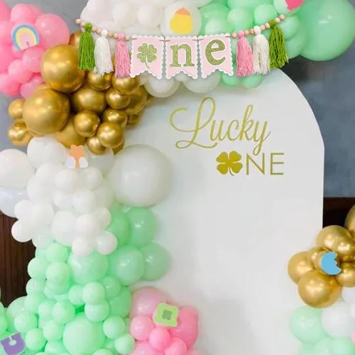 Vista 2 de Cartel para silla alta del Día de San Patricio, suministros para fiesta de primer cumpleaños, letrero de trébol de cuatro hojas, accesorios de fondo