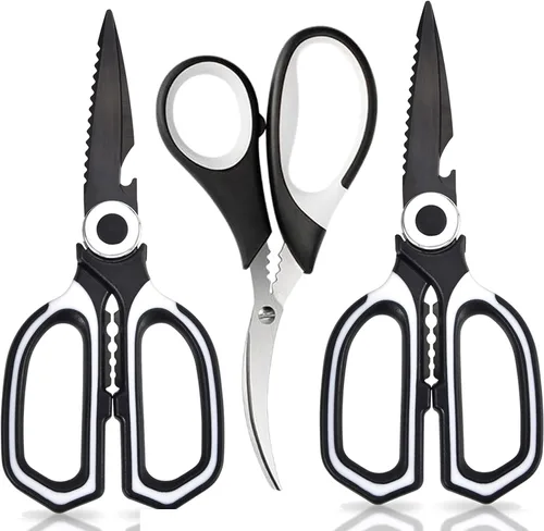 Vista 9 de OMDAR Juego de 3 tijeras de cocina y tijeras de mariscos, tijeras de cocina Negro blanco