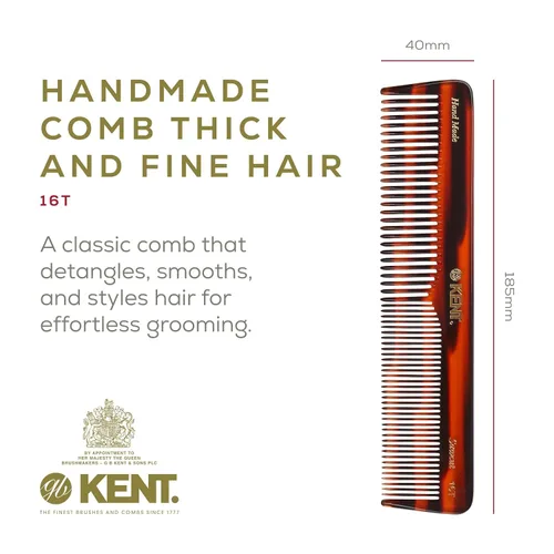 Vista 2 de Kent 16T-16TG Peine de dientes finos y dientes anchos para aseo diario, peine de peinado hecho a mano para todo tipo de cabello, peines para peinar