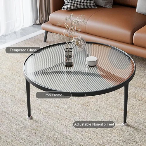 Vista 4 de Furniture Coffee Table - with Inset Tempered Glass Top and Metal Frame & Legs - Low Circle Minimalist Center Table Home Decor, Tea/Sofa/End Round