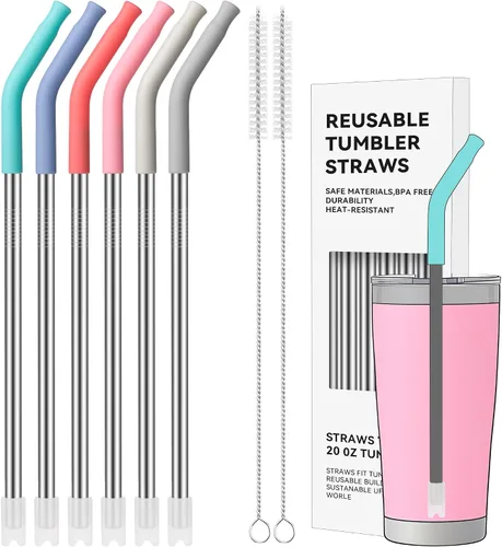 Vista 22 de Pajitas de metal rectas de 20 onzas con punta de silicona para vaso de 20 oz Pajita reutilizable de acero inoxidable para YETI, STANLEY, US