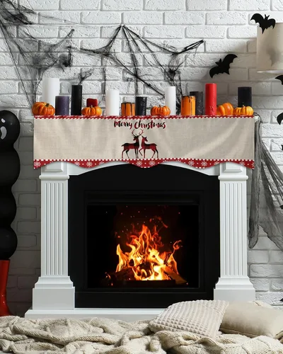 Vista 3 de Bufanda de manto de 60 x 17 pulgadas, diseño de cuadros rojos de búfalo a cuadros, alce de Navidad, chimenea, cubierta de mantel para Navidad
