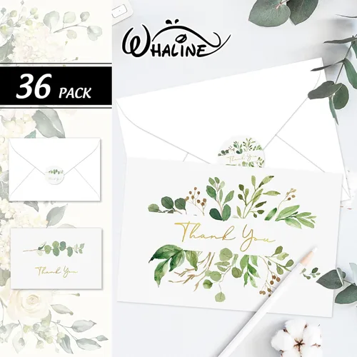 Vista 3 de Whaline Greenery - Tarjetas de agradecimiento a granel, paquete de 36 tarjetas de felicitación de eucalipto de papel dorado con sobres, calcomanías