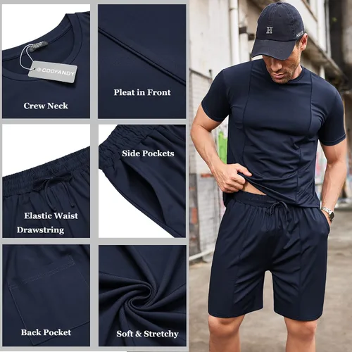 Vista 5 de COOFANDY Conjunto corto de 2 piezas para hombre, camiseta de manga corta y pantalones cortos, conjunto deportivo casual deportivo