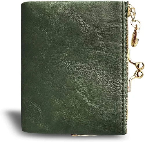 Vista 4 de AOXONEL Cartera para mujer, pequeña, Rfid, compacta, plegable, de piel, vintage, con cremallera y cierre de beso