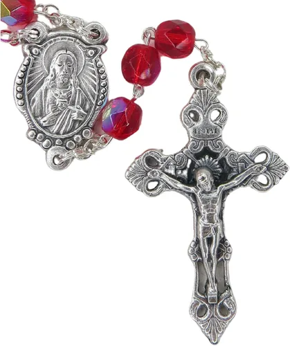 Vista 3 de Juego de tarjeta de oración católica y rosario, coronilla de la sangre más preciosa y cuentas rojas con crucifijo en tono plateado y medalla