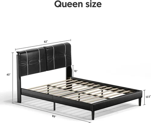 Vista 3 de BONSOIR Base de cama tamaño Queen tapizada de perfil bajo moderna con cabecera de piel sintética, no necesita somier, no necesita falda de cama