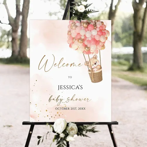 Vista 18 de Globo de aire caliente azul Boho Bear Can Bearly Wait Welcome Sign Decoración, descarga instantánea, letrero de plástico