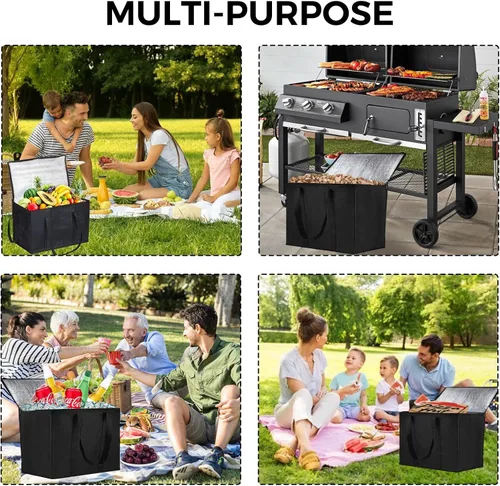 Vista 7 de Longzhuo Paquete de 3 bolsas de comestibles aisladas con cierre superior, bolsas de compras negras con asas, bolsa enfriadora plegable reutilizable