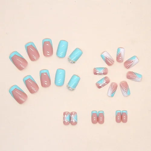 Vista 4 de Uñas postizas cuadradas medianas con punta francesa, uñas con pegamento, uñas postizas azul-verde con diseños de mariposas, uñas acrílicas