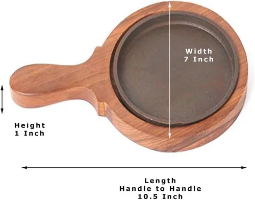 Vista 2 de Sahishnu - Juego de platos para fajita en línea y marketing, plato redondo chisporroteante para brownie/bandeja con base de madera y mango redondo