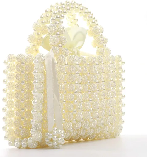 Vista 4 de YUSHINY - Bolso de noche hecho a mano con cuentas de perlas para mujer, con asa superior y bolsa