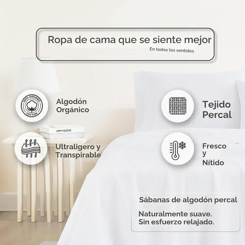 Vista 3 de Linen Closet Juego de sábanas y fundas de almohada 100% algodón orgánico, 3 Blanco Ártico
