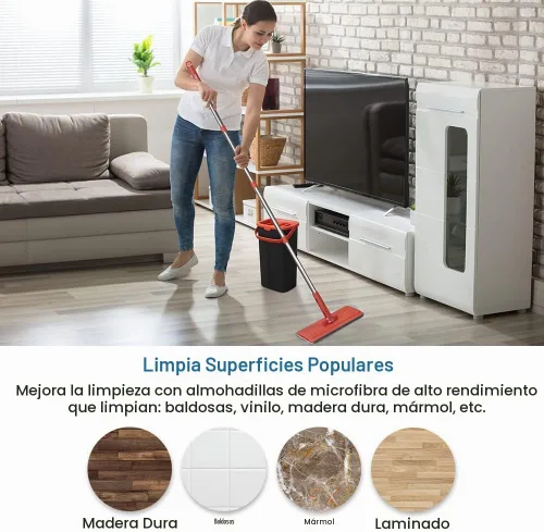 Vista 7 de TETHYS Juego de trapeador y cubo de piso plano para sistema profesional de limpieza de suelos del hogar con mango de aluminio/2 almohadillas