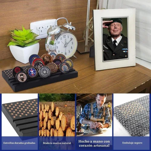Vista 4 de Samplife Estante para monedas, soporte de exhibición de monedas de desafío, estantes de madera del ejército coleccionable, soporte para monedas