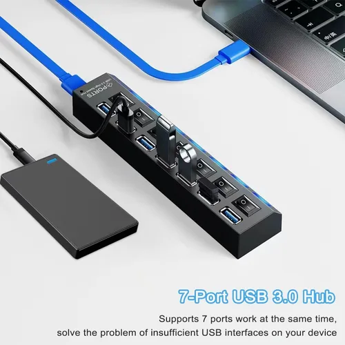 Vista 2 de vienon Hub 3.0, extensor USB de 7 puertos con interruptores LED individuales de encendido/apagado, concentrador USB3.0 para laptop, PC, MacBook, Mac