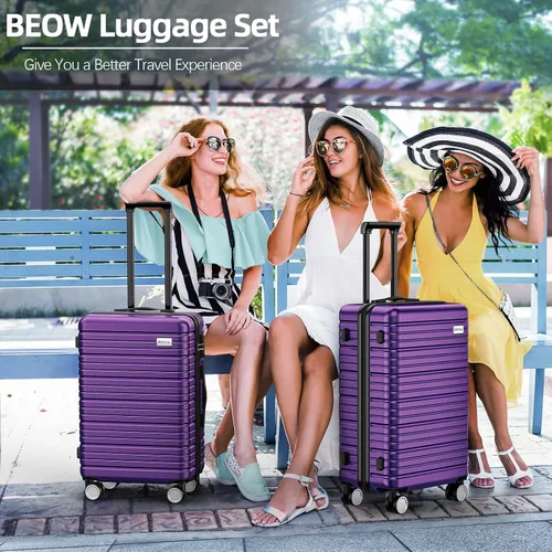 Vista 2 de BEOW Equipaje expandible liquidación 4 piezas Hardshell ligero PC+ABS Maleta Spinner Ruedas TSA Lock, Púrpura