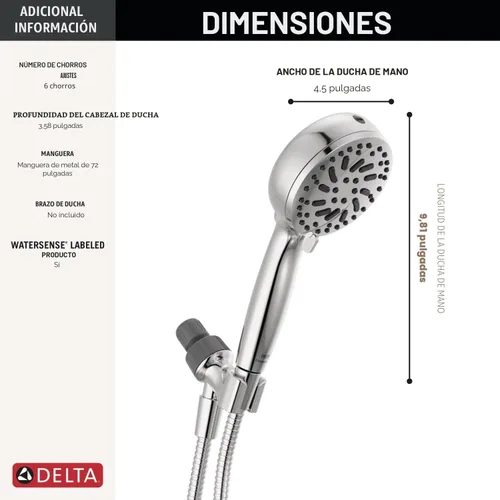 Vista 5 de Cabezal de ducha Delta ProClean cromado con mano, cabezal de ducha con rociador de alta presión, cabezal de ducha de mano, 6 configuraciones de Cromo