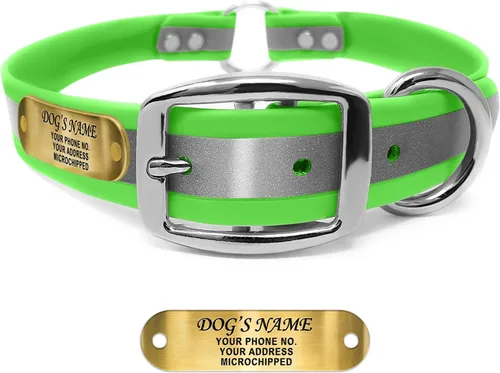 Vista 16 de Regal Dog Products Collar de perro reflectante negro pequeño con placa de nombre grabada personalizada y anillo central resistente Collares