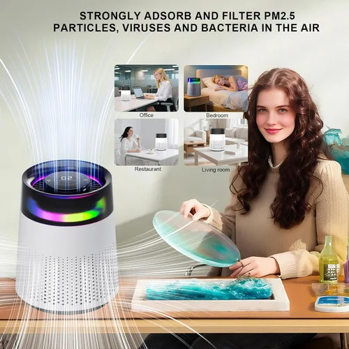 Vista 4 de Purificador de aire de resina epoxi, con purificador de elementos filtrantes con modo de luz nocturna, moldeo de resina y sistema de filtración
