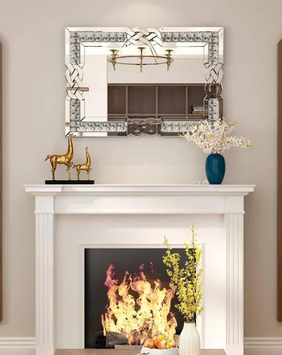 Vista 4 de Espejo de diamante triturado plateado: decoración rectangular de pared 35.4 x 23.6 pulgadas Espejo decorativo de lujo con espejo de cristal