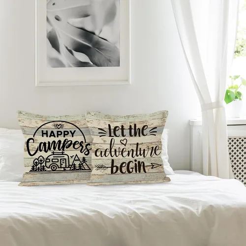 Vista 3 de Fundas de almohada decorativas con temática de campamento, 2 x 18 x 18 pulgadas, mezcla de lino y algodón beige, impresión de letras rústicas