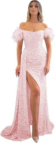 Vista 12 de Vestidos de fiesta de lentejuelas con hombros descubiertos, vestido formal de sirena brillante, vestido largo de fiesta de noche con abertura