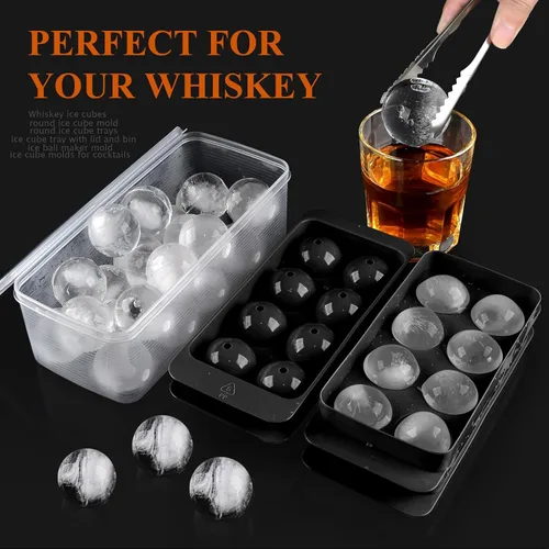 Vista 7 de Molde para cubitos de hielo para whisky, 2 x 8 cubos de hielo de whisky de 1.8 pulgadas, bandeja circular para cubitos de hielo con tapa