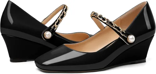 Vista 4 de Eldof Zapatos de tacón de cuña Mary Janes para mujer, con punta cuadrada, tacón bajo de cuña baja, zapatos de vestir para oficina y boda, 2 pulgadas