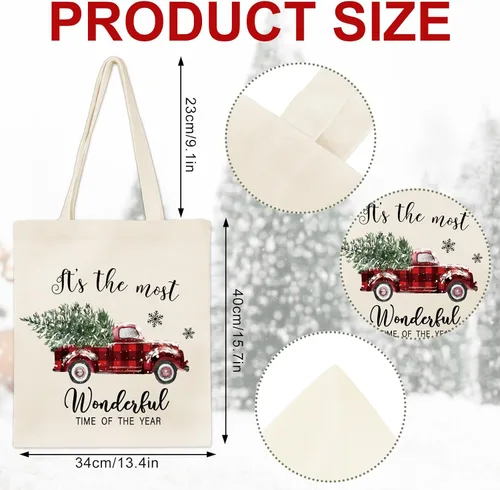 Vista 3 de Whaline 3 bolsas de lona de Navidad a cuadros, árbol de Navidad, camión, muñeco de nieve, bolsa de compras de Navidad para invierno, reutilizable
