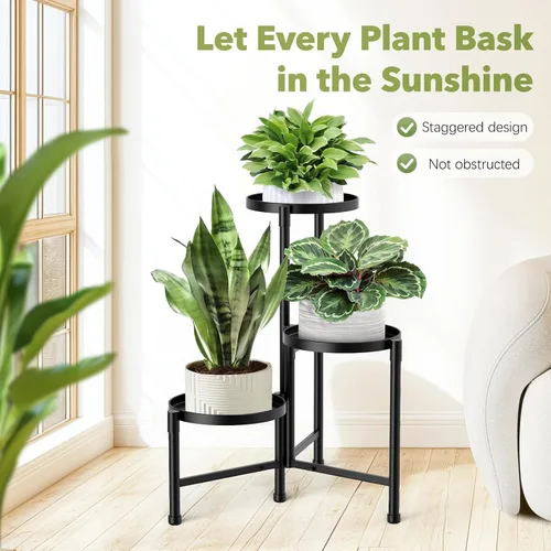 Vista 7 de Soporte esquinero de 3 niveles para plantas para interiores y exteriores, estante de metal para plantas con bandeja de 10 pulgadas de ancho, soporte