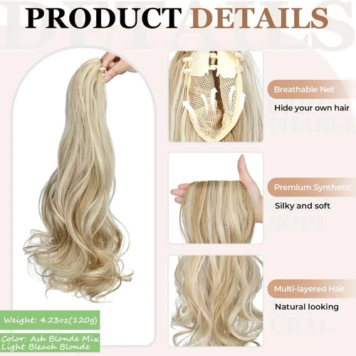 Vista 4 de Extensión de Cola de Caballo con Pinza de 18" de Largo Rizada Ondulada con Clip de Aspecto Natural Extensión de Cabello Sintético Postizo de Cola