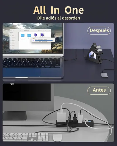 Vista 7 de Hub USB 3.0 de 7 puertos, divisor de USB vertical con iluminación RGB, transferencia de datos de alta velocidad de 5 Gbps y cable de extensión de 2