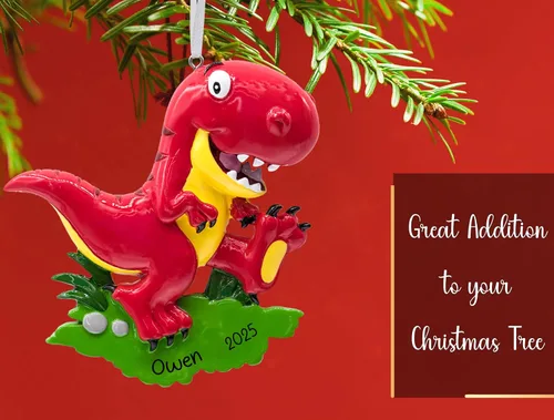 Vista 4 de Adorno navideño personalizado de dinosaurio velociraptor T-Rex 2026 – Personalización gratuita Divertido animal jurásico rojo Dino Trex para árbol
