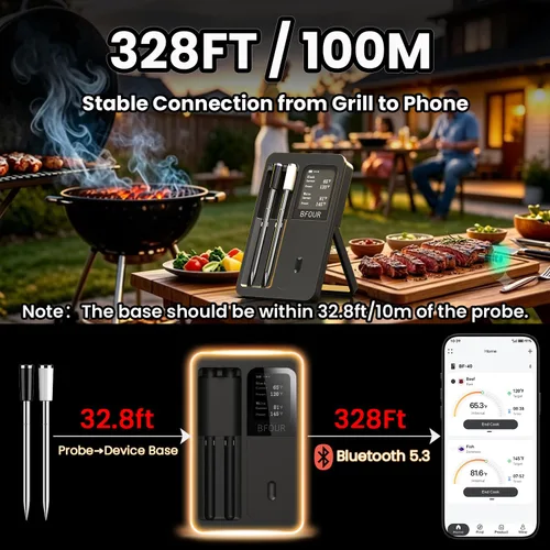 Vista 7 de BFOUR Termómetro digital inalámbrico para carne con 2 sondas impermeables mejoradas, termómetro Bluetooth para barbacoa inalámbrico con pantalla