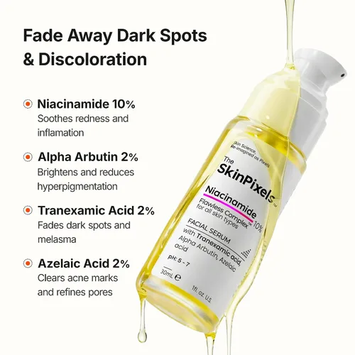 Vista 5 de The SkinPixels Suero facial iluminador y resplandor de niacinamida al 10% – Reduce las manchas oscuras, el acné, las líneas finas y las arrugas