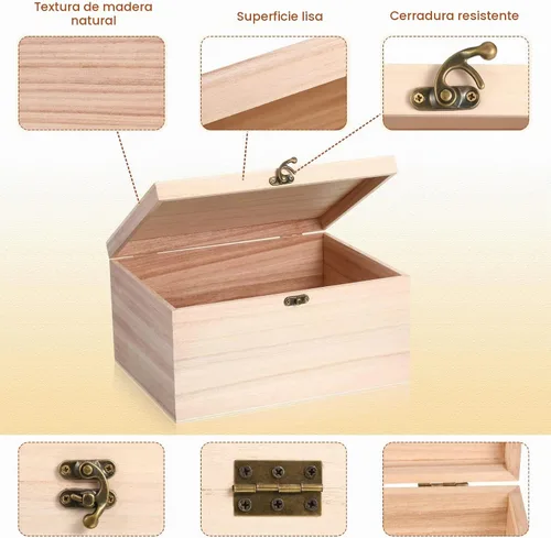 Vista 4 de Yookeer 2 Piezas Cajas Grandes de Madera Sin Terminar con Tapa con Bisagras y Cierre Frontal, Cajas de Madera Rectangulares Sin Pintar