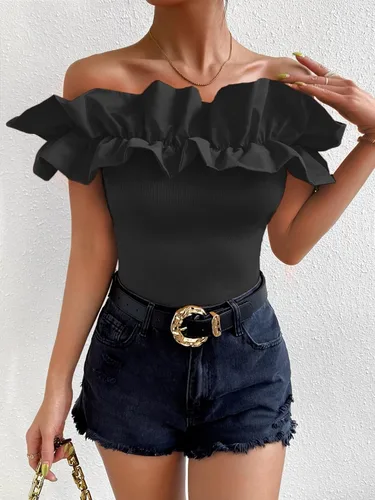 Vista 3 de OYOANGLE Blusa de manga corta con volantes y hombros descubiertos para mujer