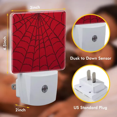 Vista 2 de Luz nocturna de telaraña roja, luces nocturnas modernas enchufables a la pared, luz nocturna con sensor de atardecer a amanecer para niños, baño