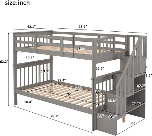 Vista 2 de Harper & Bright Designs Litera individual sobre individual con escalera, literas de madera con estante de almacenamiento y riel de protección, marco