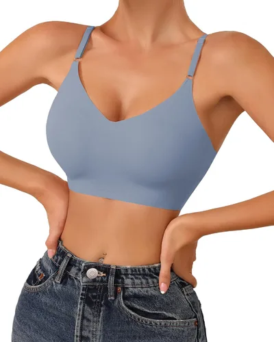 Vista 2 de DEANGELMON Bralettes con cuello en V, acolchado, sin costuras, tirantes ajustables, sujetadores básicos para dormir