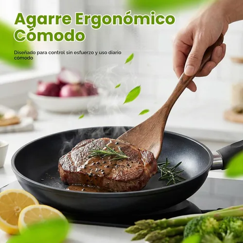 Vista 5 de AIUHI 2 espátulas de madera, mango largo de madera de teca, espátula plana para freír, utensilios de cocina antiadherentes para cocina