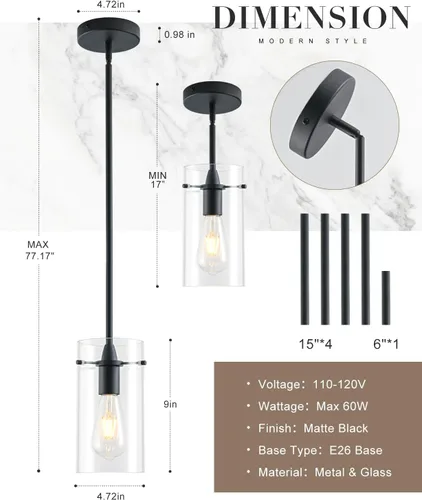 Vista 4 de Paquete de 2 luces colgantes para isla de cocina, lámparas colgantes ajustables de cristal, luces colgantes negras mate, isla de cocina, iluminación
