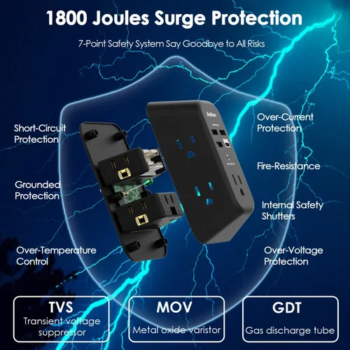 Vista 4 de Cargador de pared USB protector contra sobretensiones - Addtam extensor con 5 tomas de corriente y 4 puertos USB (1 puerto USB C), tira