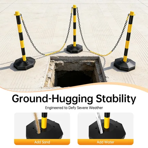 Vista 4 de 6 piezas de conos de tráfico con base rellenable de polietileno amarillo, poste de estacionamiento portátil con cadenas de 6.6 pulgadas, conos